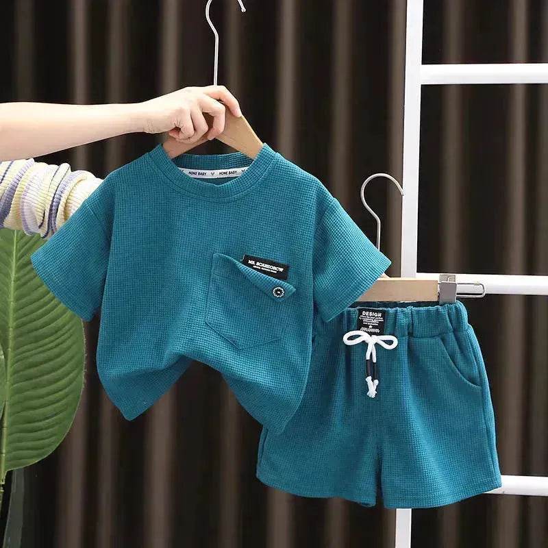 Children's Summer Clothing Casual Plain color Cotton Short Sleeve shirt and Short pant Two-piece Set - EX-STOCK Canada