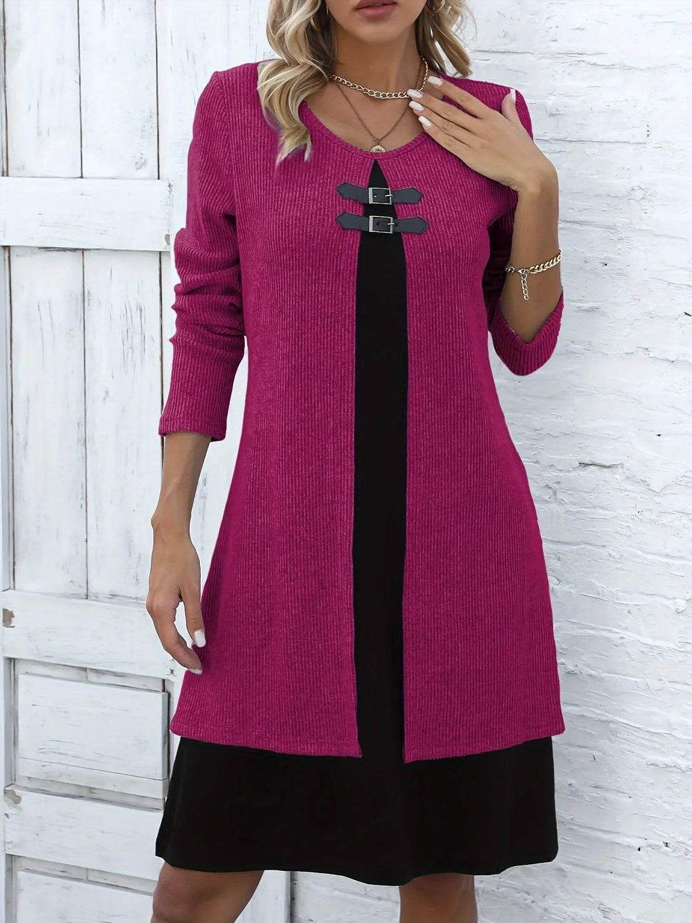 Contrast Color Buckled Round Neck Fashion Winter Sweater Dress - EX-STOCK Canada