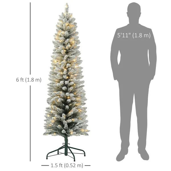 6ft Artificial Prelit Christmas Tree With Warm White LED Light, Snow Flocked Branches, Metal Base, Pencil Xmas Tree EX-STOCK Canada 