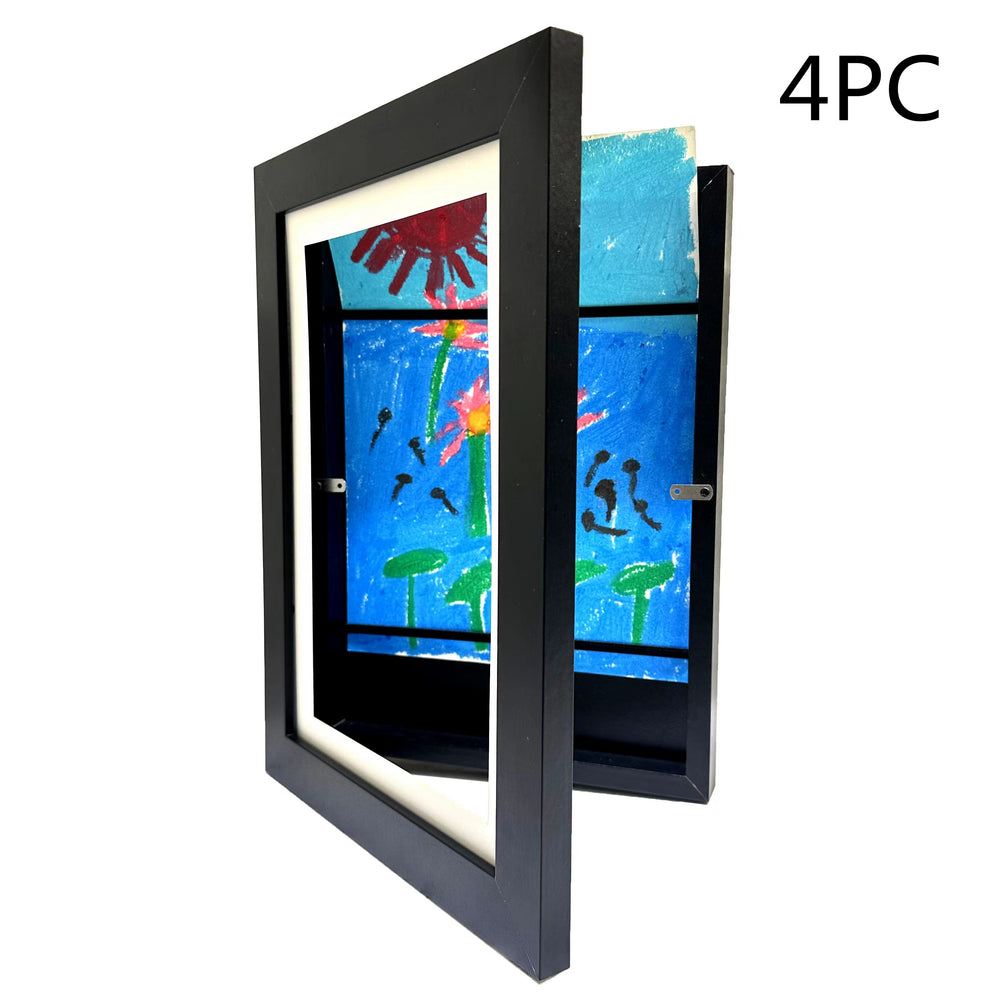 Two black picture frames with colorful artwork inside on a white background.