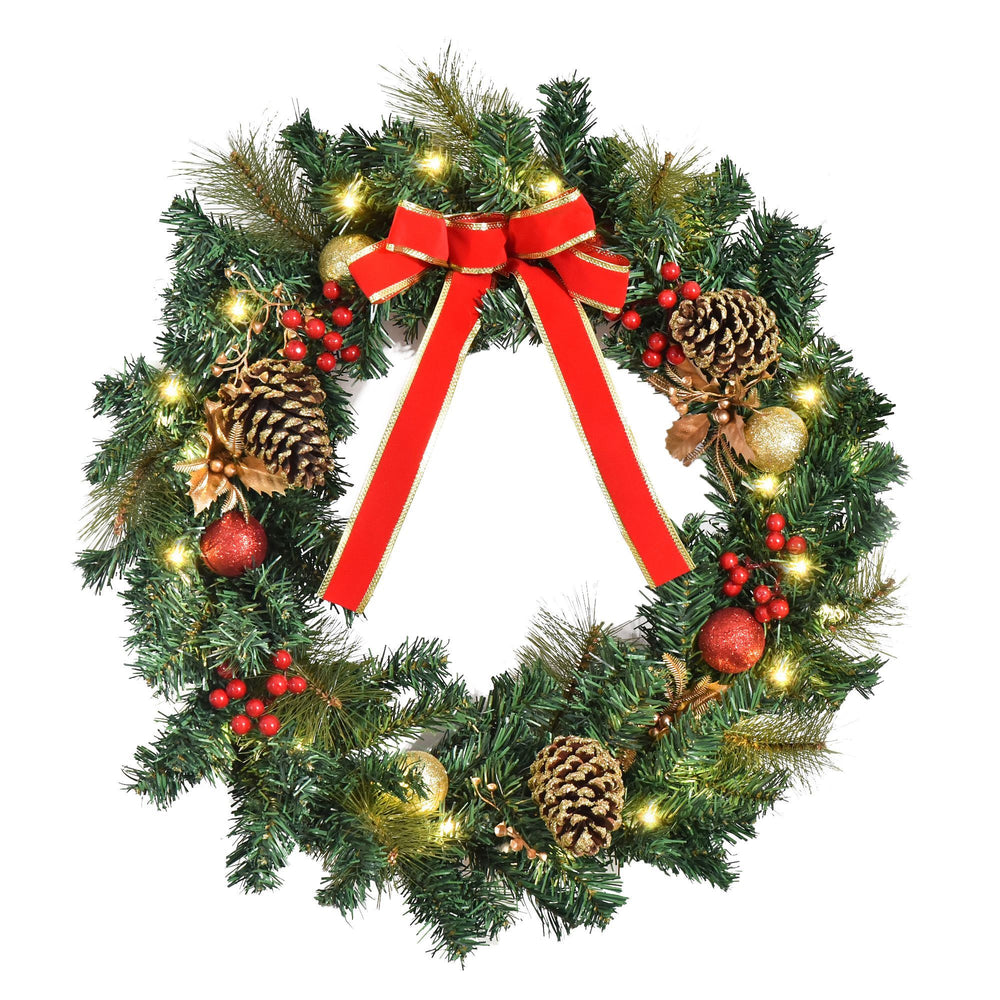 Christmas Wreath Pre-Lit Artificial Greenery Xmas Spruce Wreath Cones Red Berries 20 LED Lights Battery Operated EX-STOCK Canada 