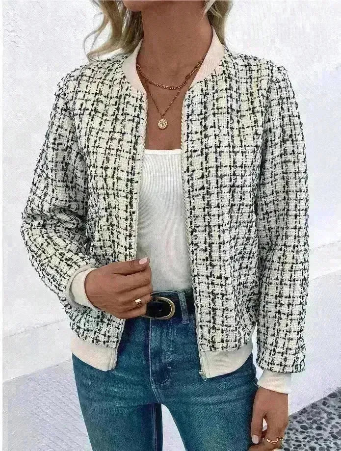 Autumn Winter Casual Long Sleeve plaid Houndstooth  zipper outwear jacket women - EX-STOCK CANADA