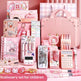 Pink stationery set for children with various items on a pink background