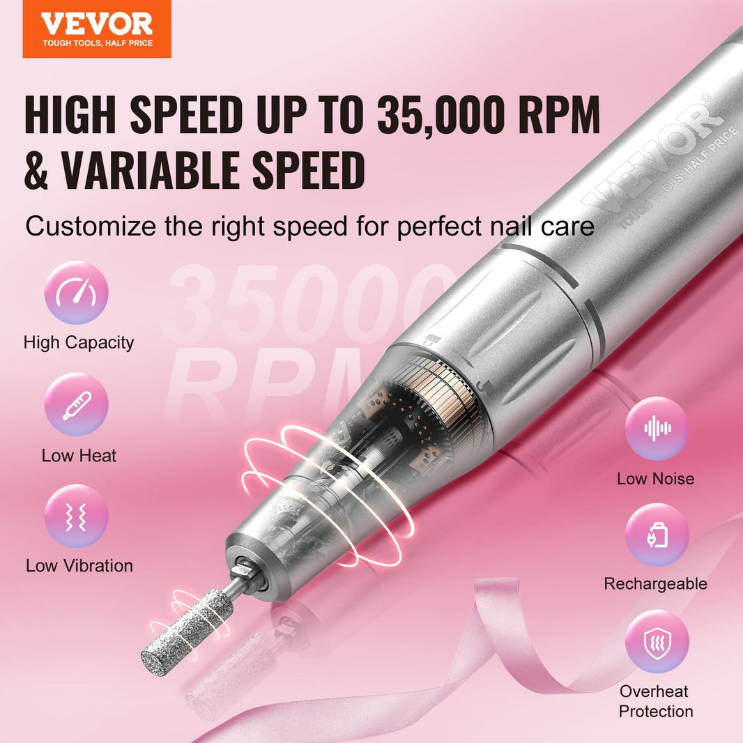 VEVOR Electric Rechargeable Nail Drill, 35,000RPM Portable Cordless Nail E File Machine, LCD-Display Acrylic Gel Grinder Tool With 6 Bits And 50PCS Sanding Bands For Manicure Pedicure Carve Polish EX-STOCK Canada 