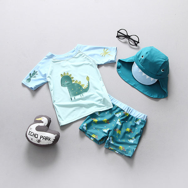 Kids Boys UPF50 Dinosaur Rashguard Swimsuit Set – 3-Piece UV Swimwear (Sizes 90–140cm)