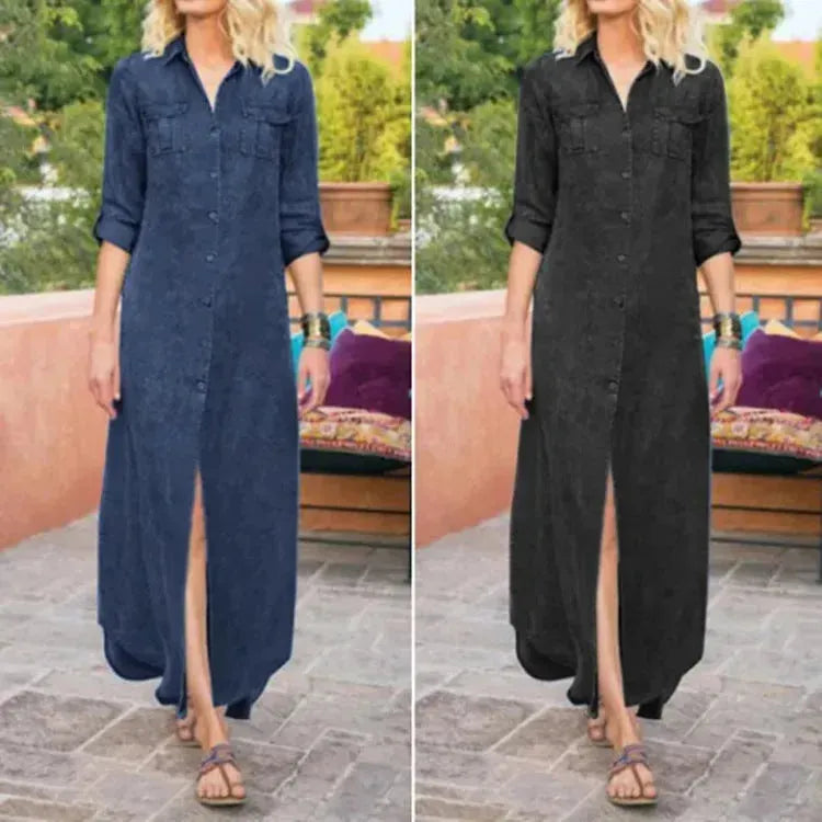 Summer New Women's Loose Solid Color Casual Single-breasted Denim Dress - EX-STOCK CANADA