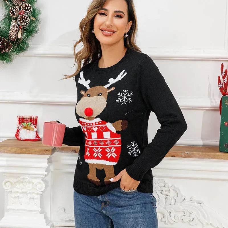 Funny Deer Christmas Sweater Round Neck Pullover Women - EX-STOCK Canada