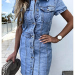 Stretch Mid Length Retro jeans Slim Single-breasted button down short sleeve Denim Dress - EX-STOCK Canada