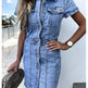 Stretch Mid Length Retro jeans Slim Single-breasted button down short sleeve Denim Dress - EX-STOCK Canada