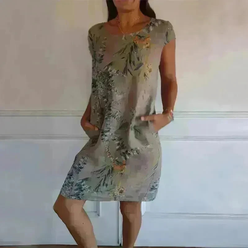Casual Floral Printed Straight Dress Summer Loose Round Neck Short Sleeve Midi Dresses Womens Clothing - EX-STOCK CANADA