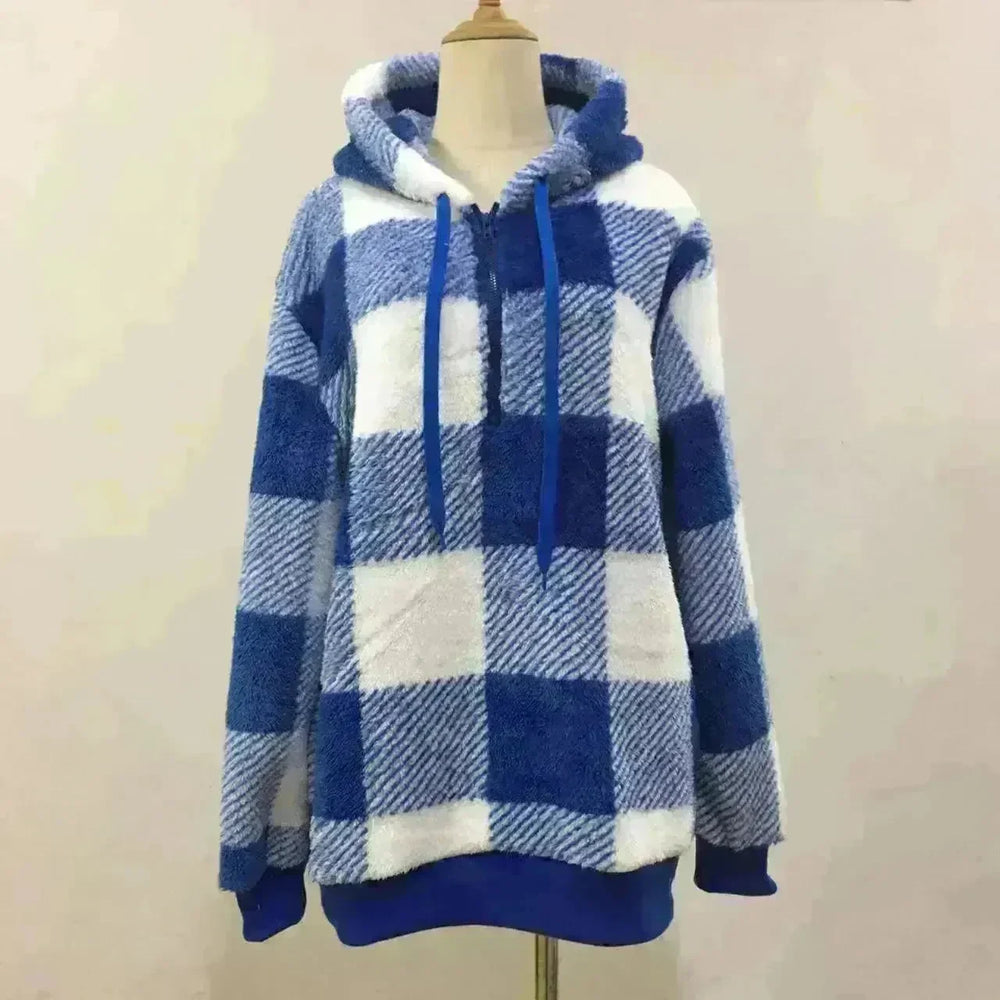 Casual Thick Fleece Plush half zip Plaid Hoodie Pullover top for women - EX-STOCK CANADA