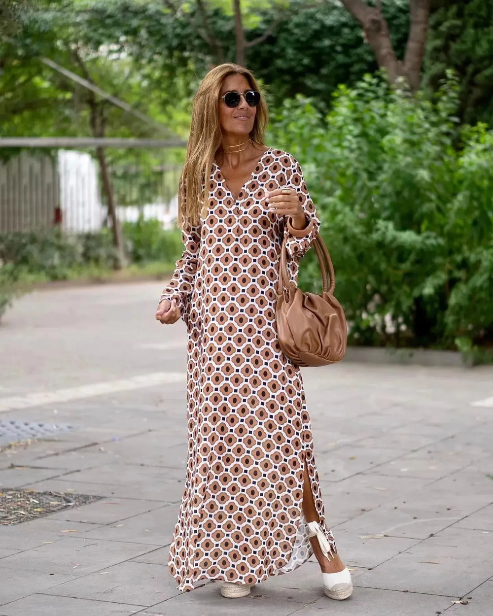 Summer Geometric Printed V-neck Long Dress Fashion Long Sleeve Slit Dresses For Women - EX-STOCK CANADA