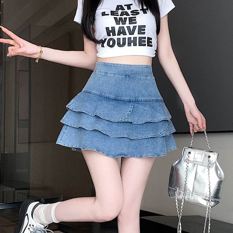 Elastic Jeans High Waist Layer Denim short mini flare skirt - EX-STOCK Canada