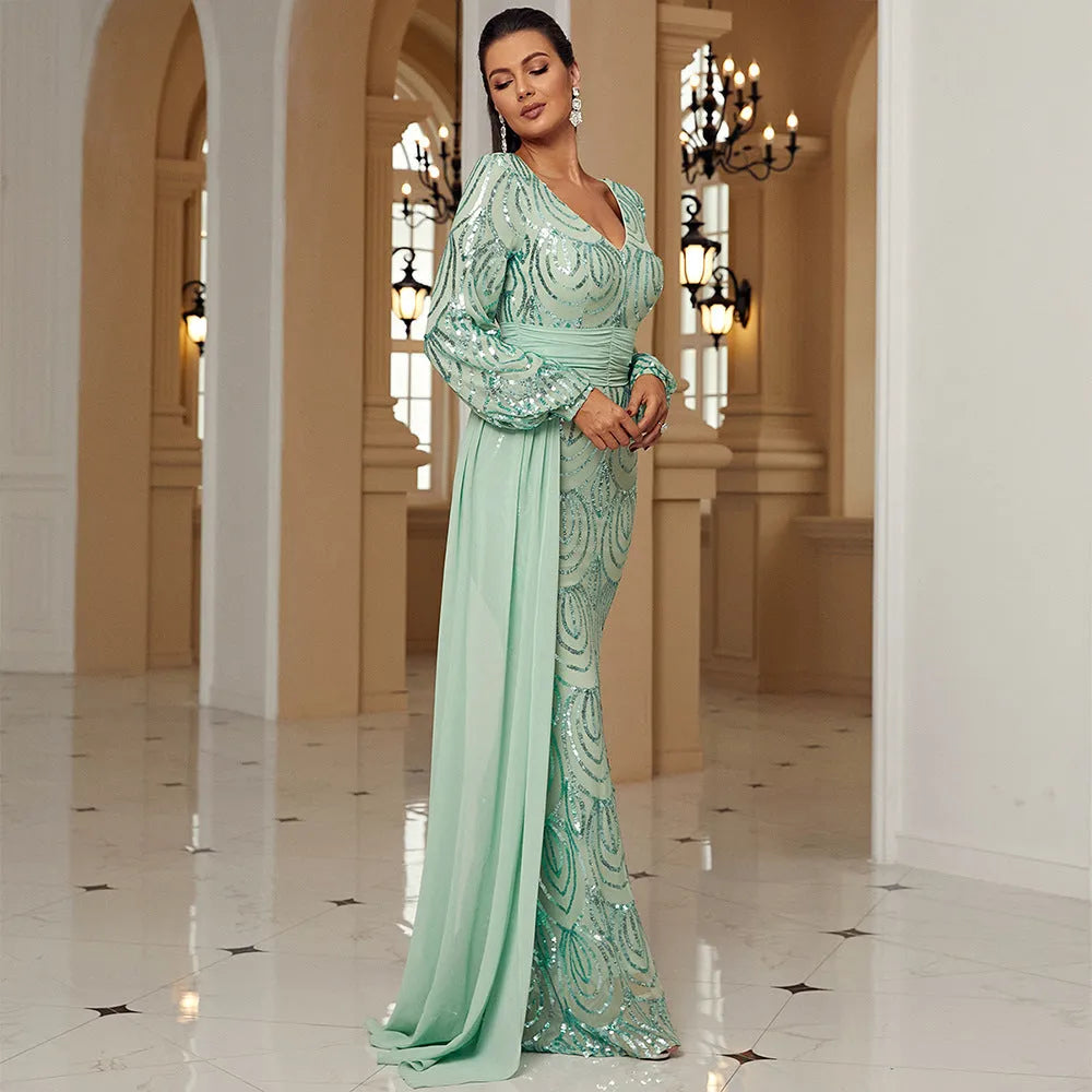 Long Sleeve Sexy Long Sequined V-neck Banquet Ribbon Evening Dress - EX-STOCK CANADA