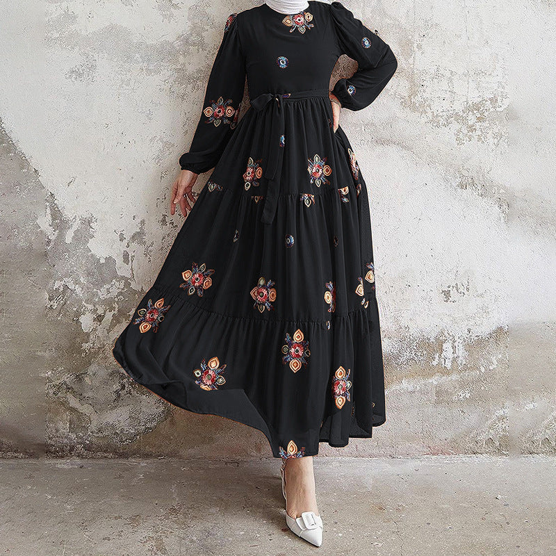 Muslim New Pure Color Embroidery With Belt Fashion Elegant Dress - EX-STOCK Canada