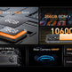 Technical specifications of a smartphone including RAM, storage, camera, and charging details on a black background.