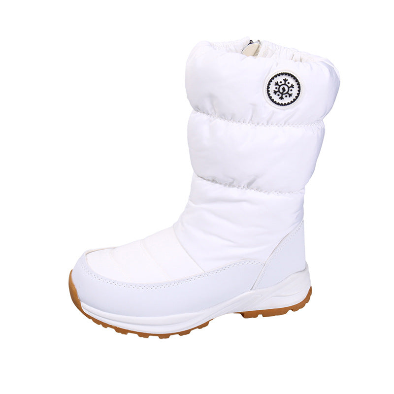 White winter boot with a brand logo on a white background