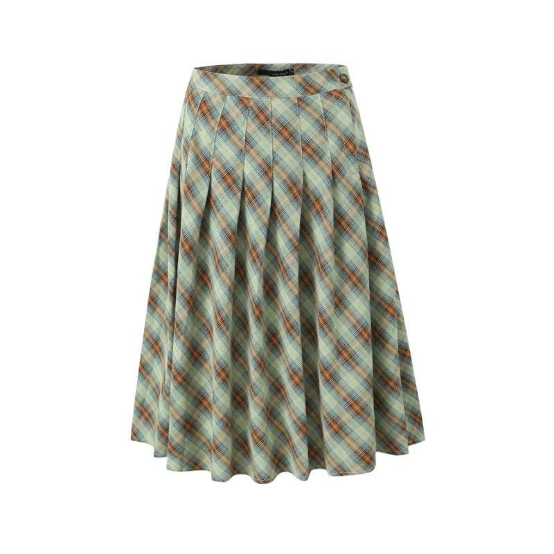 American Retro Low Waist Navel Plaid Pleated Long Skirt Women - EX-STOCK Canada