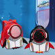 Two backpacks designed like penguins in astronaut suits on a blue background with a space-themed banner.