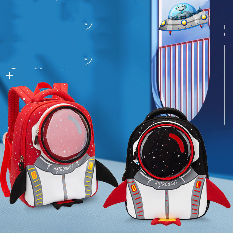 Two backpacks designed like penguins in astronaut suits on a blue background with a space-themed banner.