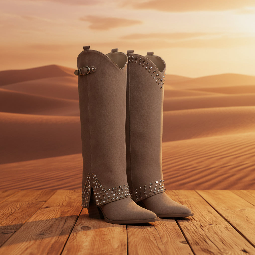 Women's Knee-High Rivet Western Boots – Suede Pointed Toe Block Heel