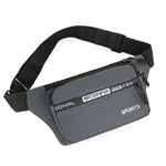 Gray waist bag with black strap on a white background