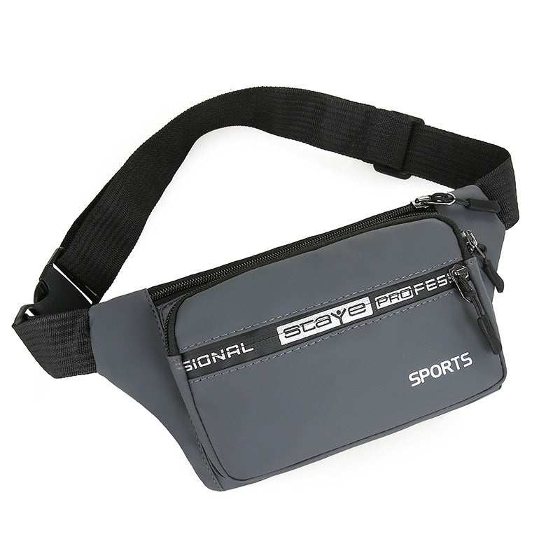 Gray waist bag with black strap on a white background
