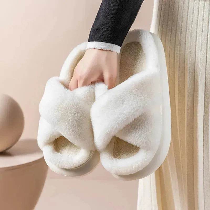 Women's Platform Fuzzy Home Slippers Winter Open Toe Criss-cross Solid Color Casual Floor Slides Indoor Flat Comfy House Shoes - EX-STOCK Canada