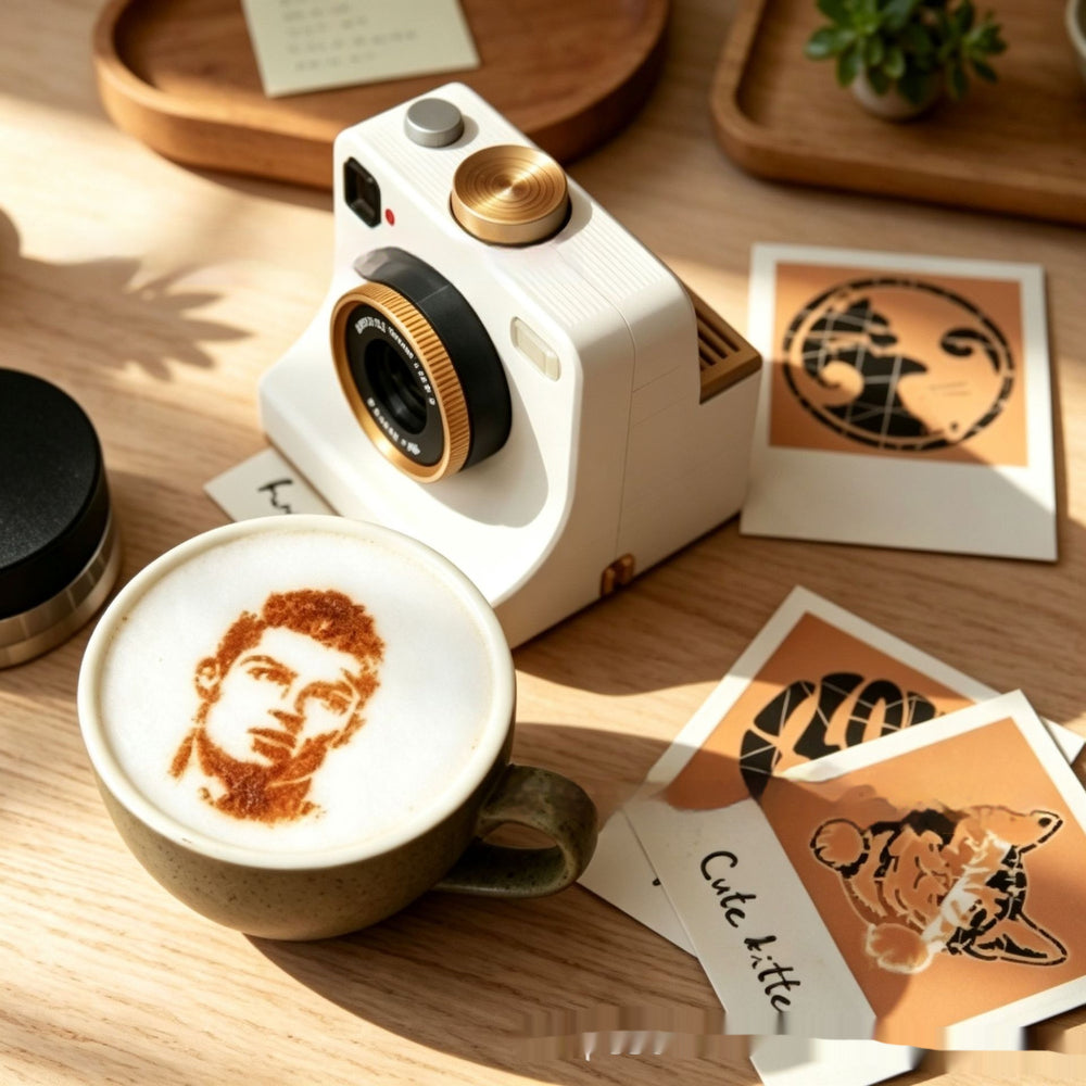 A white instant camera with gold accents sits on a wooden table beside a latte with latte art. Several printed photo cards are scattered nearby, including one that reads 'Cute kitti'.