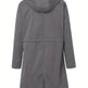 A medium gray hooded raincoat shown from the back, featuring a high collar, long sleeves, and a central seam running down the back, photographed against a solid white background.