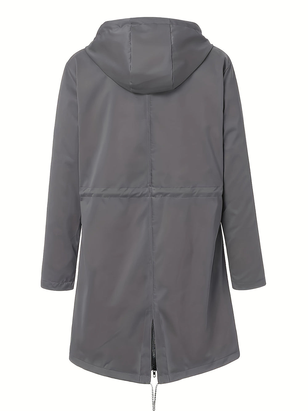 A medium gray hooded raincoat shown from the back, featuring a high collar, long sleeves, and a central seam running down the back, photographed against a solid white background.