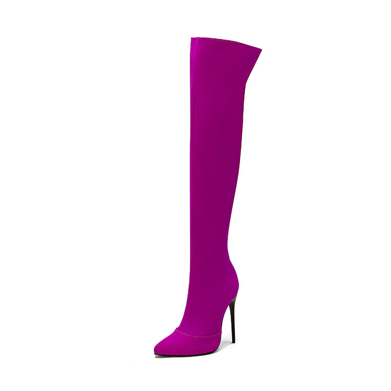 Purple knee-high boot on a white background