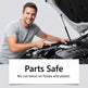 A man in a gray t-shirt points toward an engine under an open car hood, with a white text box at the bottom reading 'Parts Safe' and 'No corrosion on hoses and plastic.'.