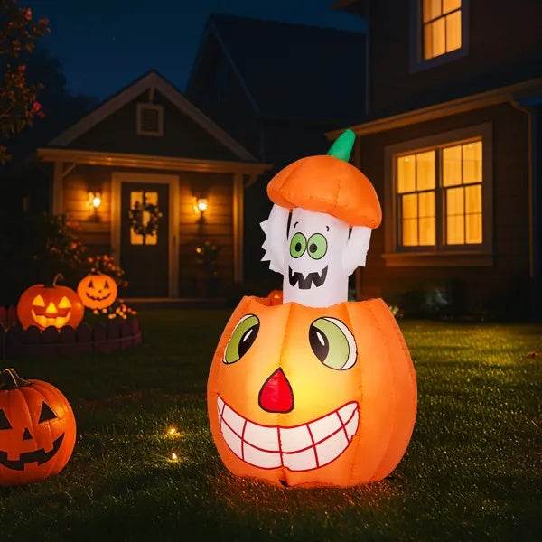 2.8 FT Halloween Inflatables Animated Pumpkin Ghost, Outdoor Decorations Blow Up Yard Decor With Built-in LEDs For Indoor Party Garden Lawn Decor - EX-STOCK Canada