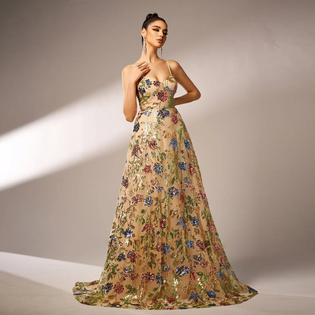 Elegant Sleeveless Sequined Suspender Maxi Evening Dress - EX-STOCK CANADA