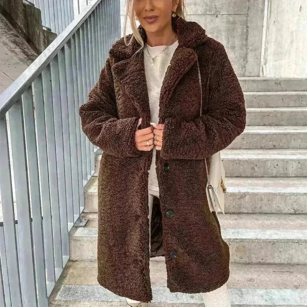 Buy Women's Long-sleeved Lapel Plush Fleece sherpa button Long Winter Overcoat - EX-STOCK CANADA