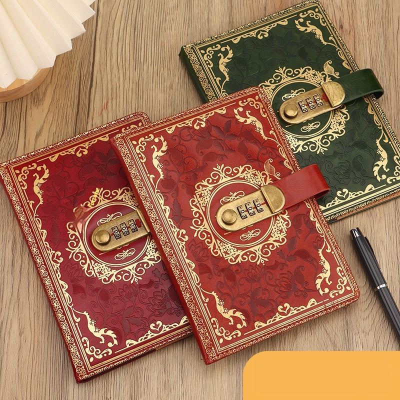 Three ornate notebooks with combination locks on a wooden surface.