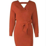 Autumn Winter Slim Fit V-neck Mini Wrap Sweater Dress - EX-STOCK Canada