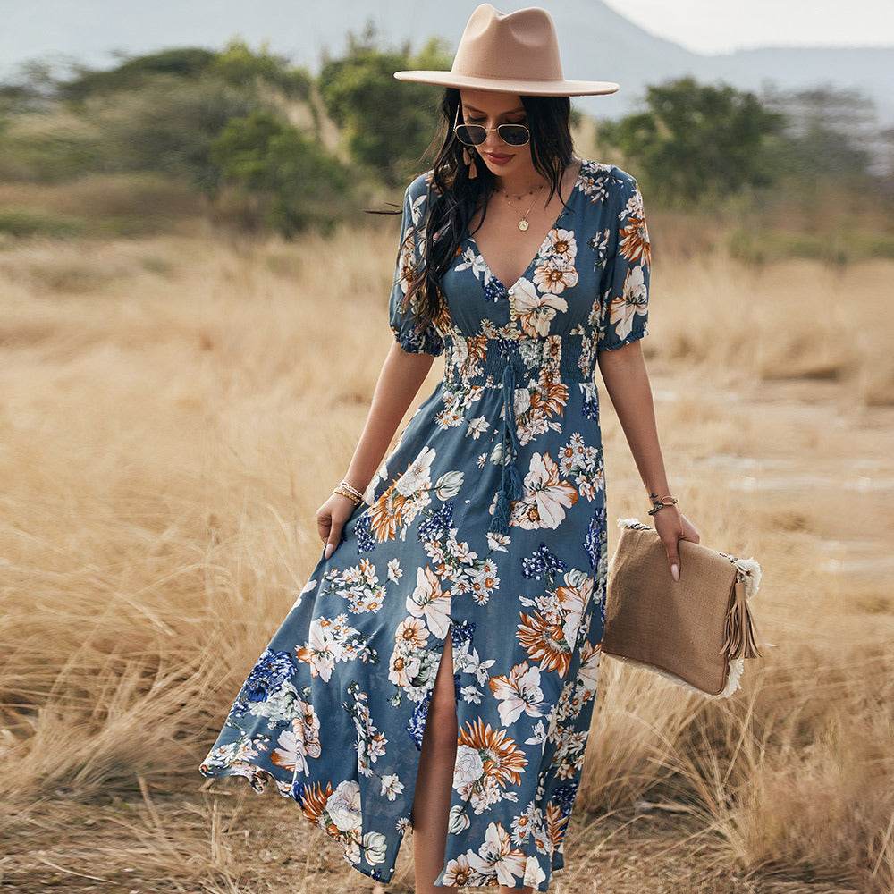 Floral Summer Beach Dress With V Neck Elastic Waist Dresses For Women - EX-STOCK Canada