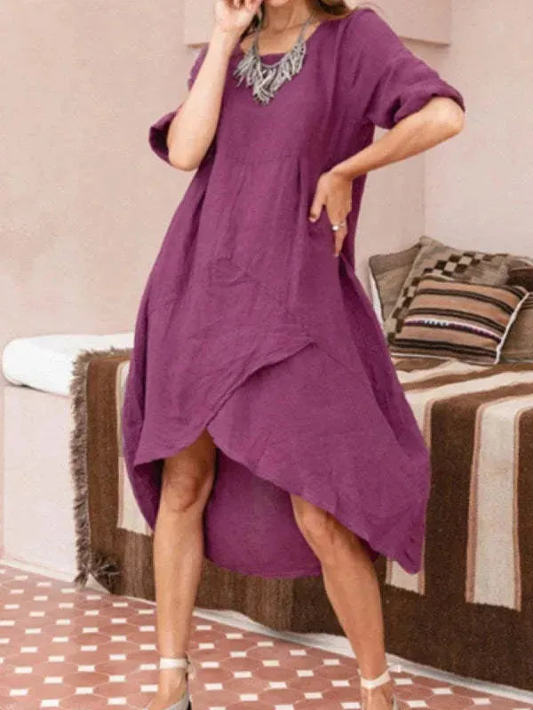 Women Maxi Dress Neck Pocket Summer Loose Casual Baggy Robe Female Retro Long Dresses - EX-STOCK CANADA