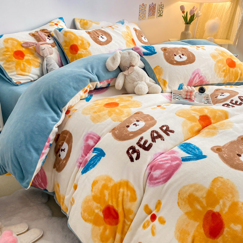 Winter Thickened Milk Fleece Bed Four-piece Coral Flannel Duvet Cover EX-STOCK Canada 