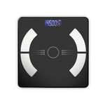 Digital bathroom scale with black platform and blue digital display on a white background