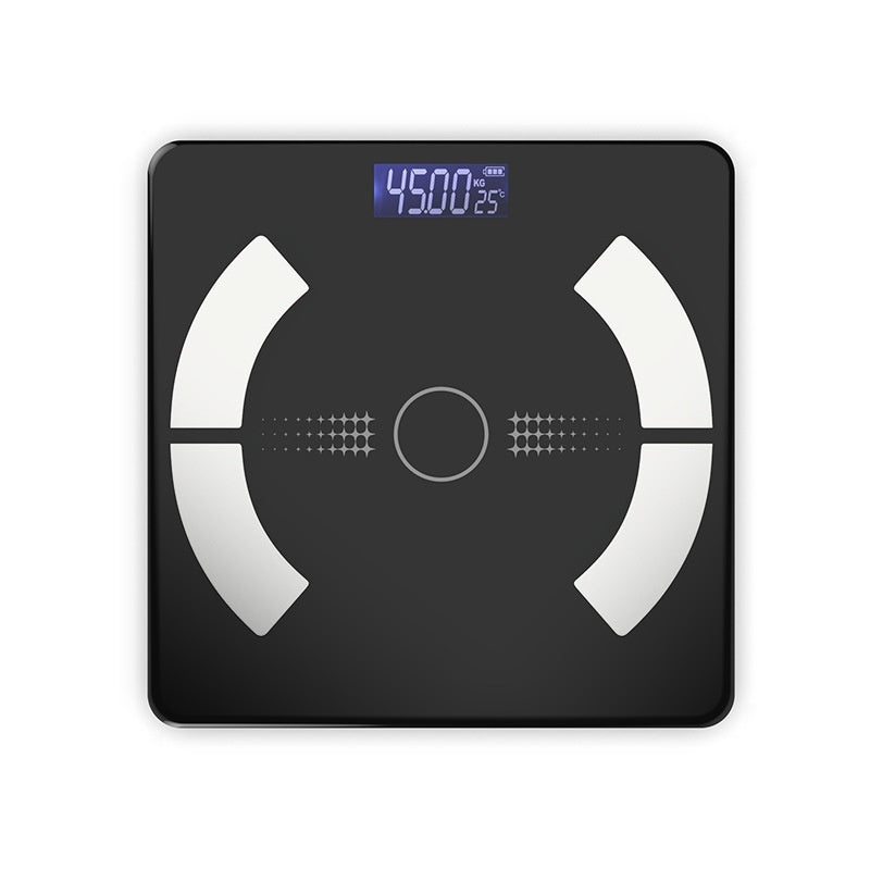 Digital bathroom scale with black platform and blue digital display on a white background