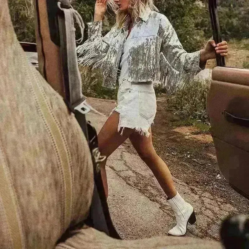 Women Fashion Long sleeve Tassel Sequin top jacket Y2K cropped jacket - EX-STOCK CANADA