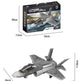 Product size diagram showing a boxed building-block toy and the assembled gray fighter jet model with dimensions labeled on a white background.