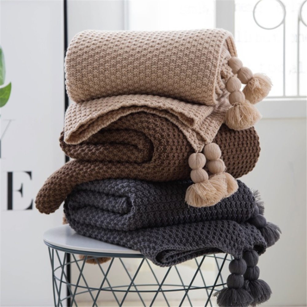 Nordic fringed knit ball blanket wool blanket office air conditioning lunch break blanket shawl blanket sofa leisure blanket blanket EX-STOCK Canada 
