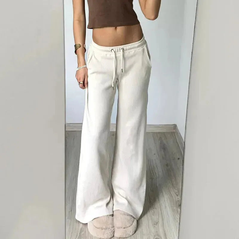 Pure Color Minimal Versatile Sports Style Low Waist Lace-up Draping Mop Straight-leg Trousers - EX-STOCK CANADA