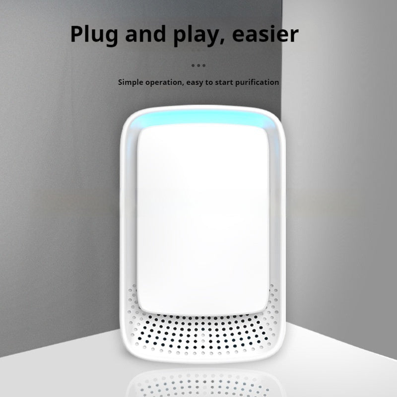White air purifier with a gray background and text about plug-and-play ease.
