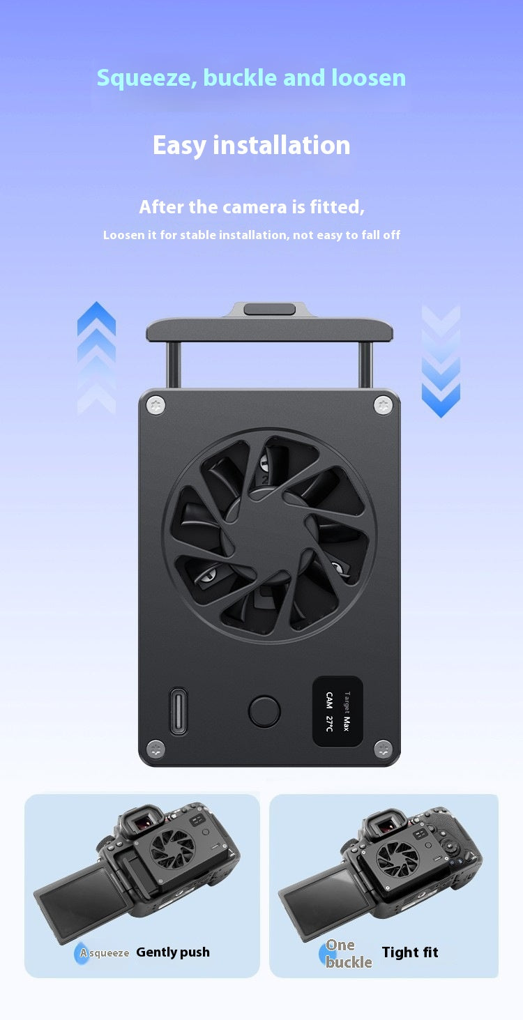 A black portable cooling fan device with a handle and side controls, shown on a blue gradient background with instructional text and two small inset photos demonstrating how to buckle and loosen it.