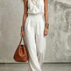 White Women's Halter Neck Backless Wide-Leg Jumpsuit | Sleeveless Lace-Up Onesie